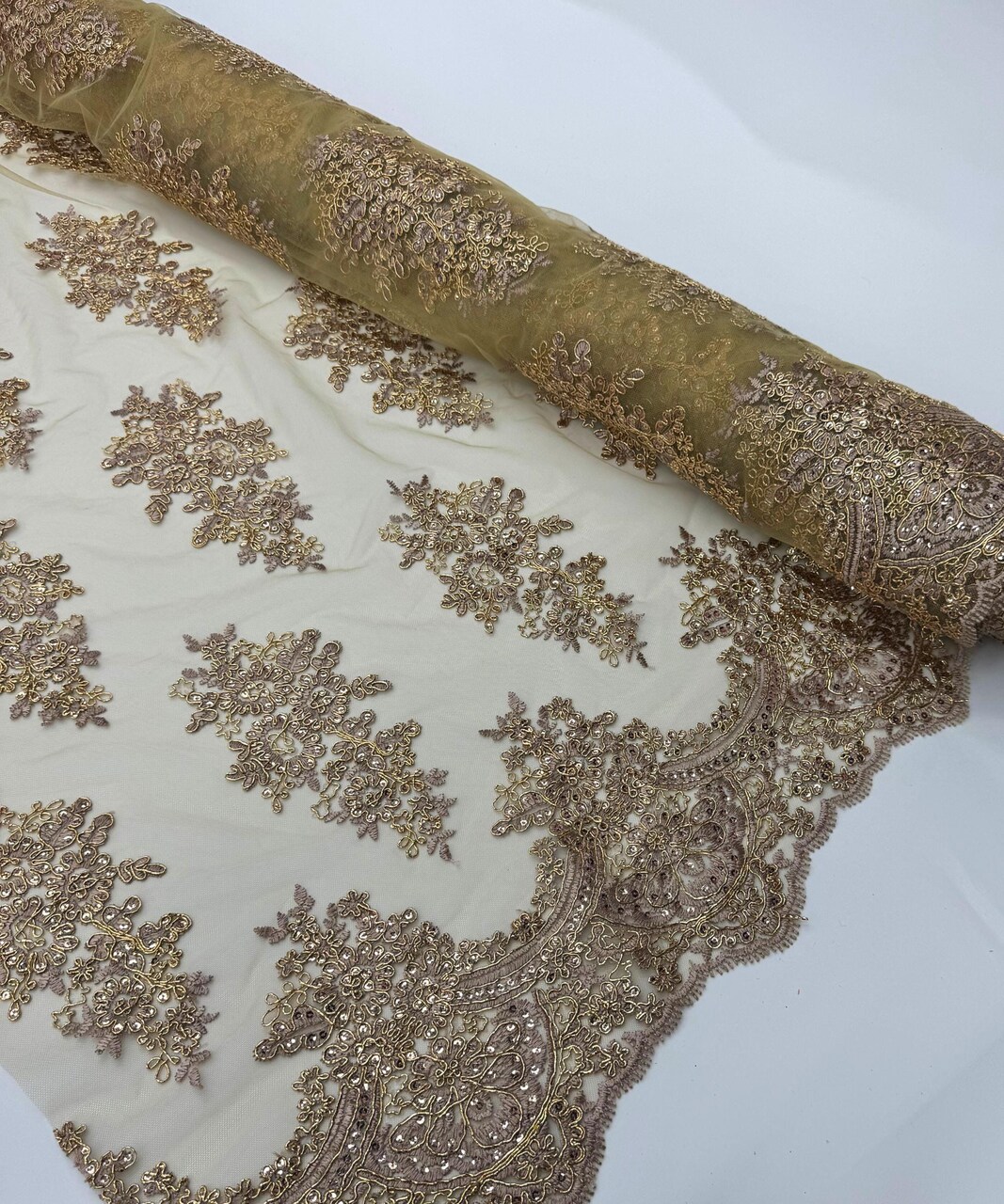 Rose Gold Sequin Embroidered Lace Fabric by the Yard, 54" Wide Floral Mesh Lace with Double Scalloped Edges